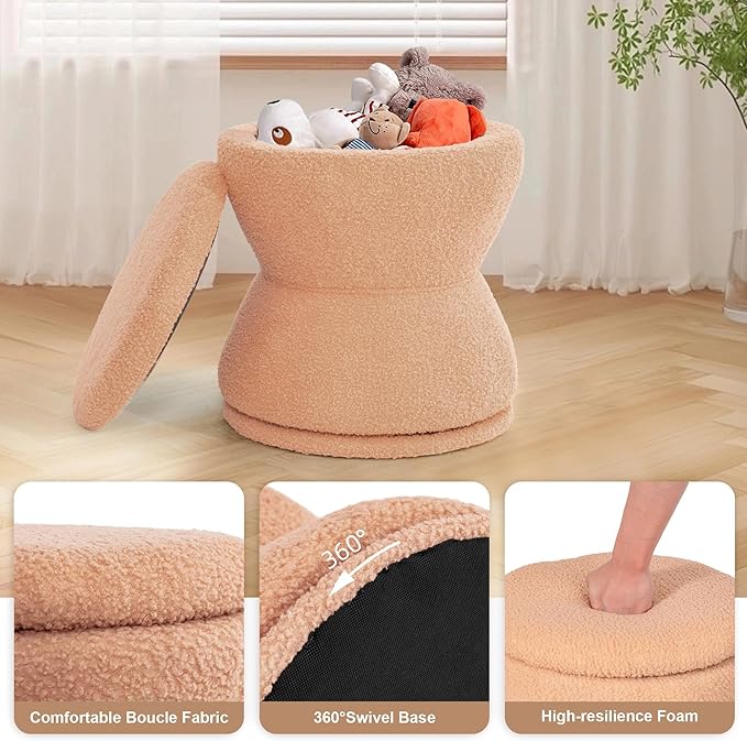 DHMAKER Round Ottoman with Storage 360°Swivel Vanity Stool Chiar with Wooden Frame Small Makeup Chair Comfy Foot Stool with Thick Padded for Living Room Bedroom Entryway
