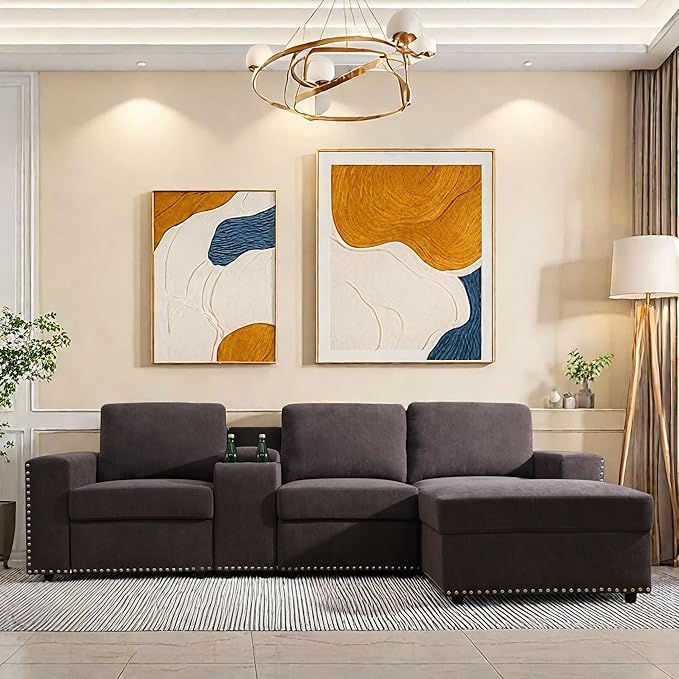 L Shaped Couch Sectional Couches for Living Room Comfy Modular Sectional Sofa with Ottoman Modern Living Room Furniture Sets Loveseat with Cup Holder for Bedroom &amp Office Brown