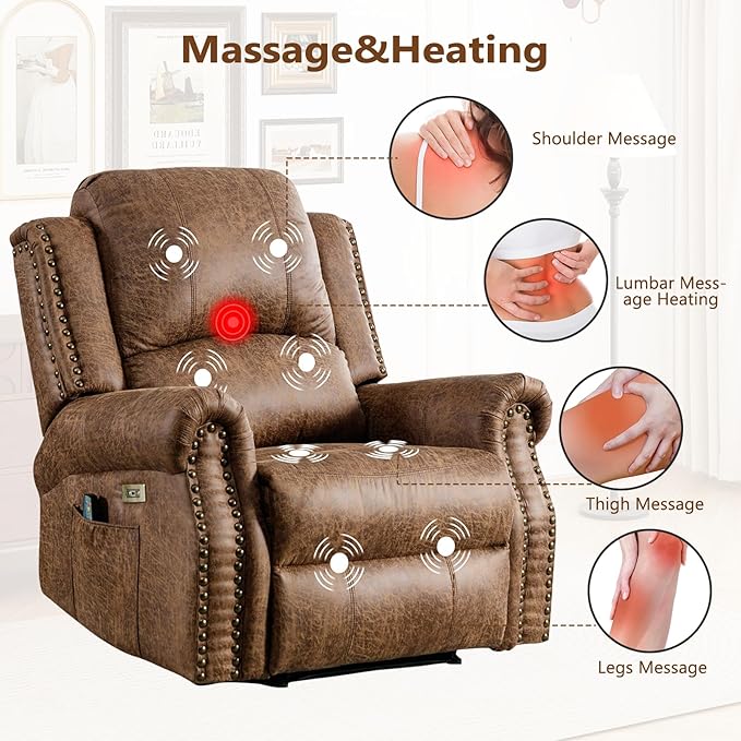 Classic 2 Electric Recliners with Massage &amp Heat for Adluts Faux Leather Power Recliner Chair with USB Port Overstuffed Heavy Duty Reclining Sofa with Rivets for Living Room Brown