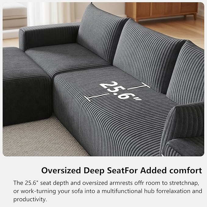 108 Boneless Couch Modular Sectional Couches for Living Room L Shaped Deep Seat Chaise with Side Pockets No Assembly Required Plush Corduroy Fabric Sleeper Sofa for Apartments Dark Grey