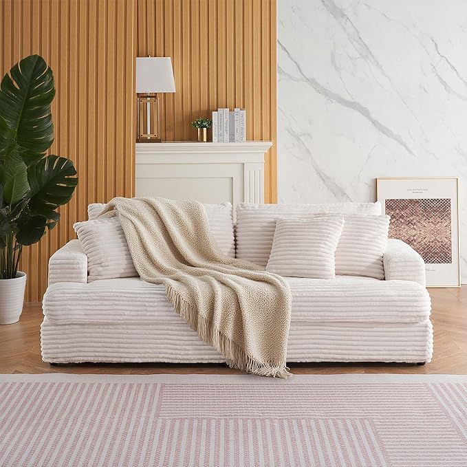Modern Cloud Couch 3-Seater with 4 Matching Toss Pillows 88.58 Soft Corduroy Sofa with Deep Seat for Small Spaces Living Room Apartment (White)