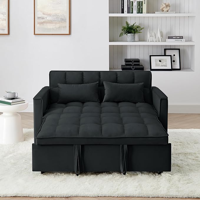 KEIKI 54.33 Pull-Out Sofa Couch Bed 2 in 1 Convertible Velvet Sleeper Sofa with Adjustable Back for Apartment Living Room Black