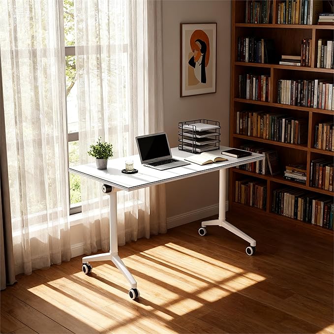Folding Home Office Desk with Locking Wheels | Mobile Flip Top Computer Table | Space Saving Design for Small Spaces Apartments &amp Studios (47IN)