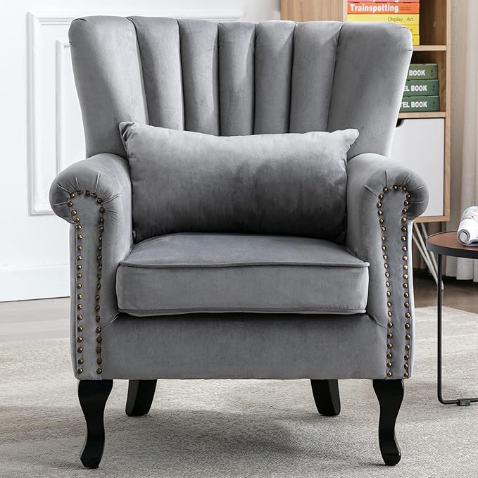 Mid Century Modern Accent Chair Upholstered Armchair Comfy Velvet Fabric Single Sofa with Lined Wingback for Small Spaces Bedroom Living Room Velvet Grey30.1D x 30.5W x 35H in