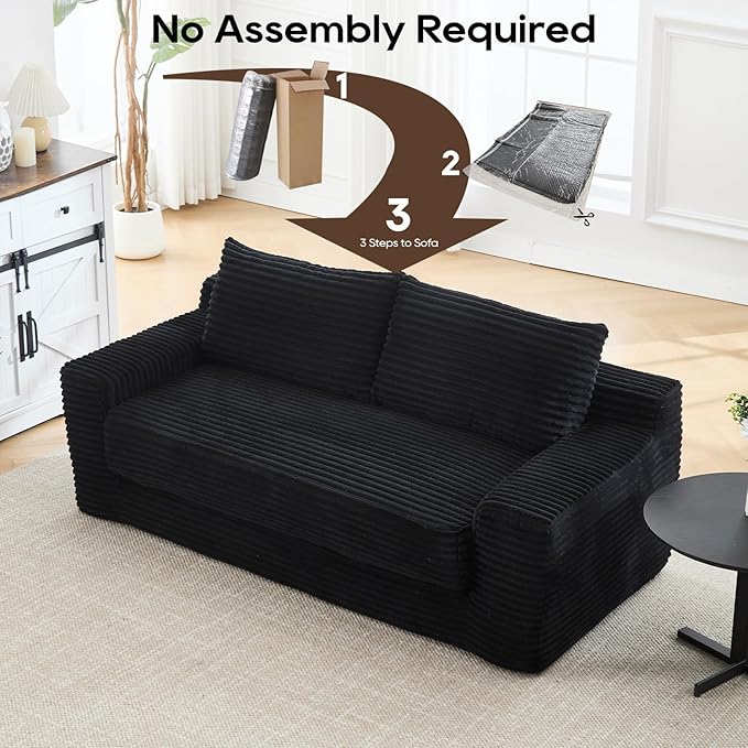 2-in-1 Loveseat Sofa with Pull-Out Bed 70.87 Sleeper Sofa with Comfy Cushions Corduroy Upholstered 2-Seater Cloud Sofa for Living Room Apartment and Small Spaces No Assembly (Black)