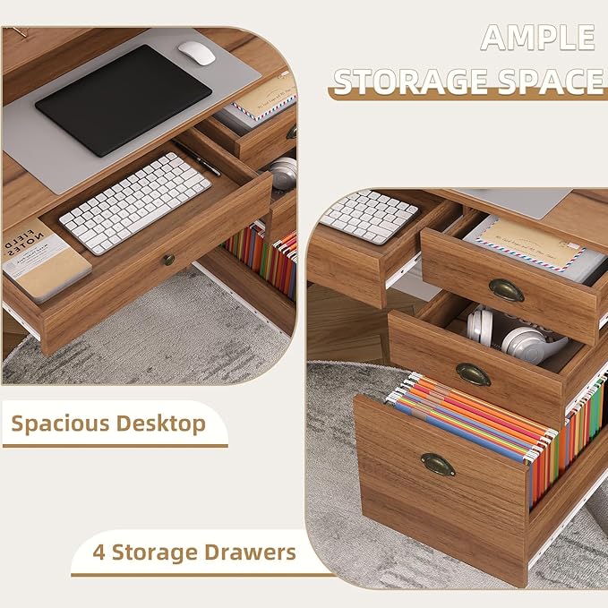 4 EVER WINNER Wooden Desk with Drawers Small Desk with Monitor Stand and File Drawe Writing Desk with Drawers for Bedroom Small Spaces Walnut