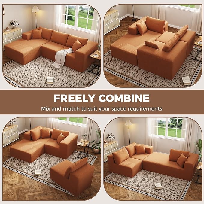 108 Sectional Couches 4 Seat Modular Sectional Sofa with Left Chaise Lounge Boneless Cloud Couch L-Shape Upholstered Couch for Apartment Living Room No Assembly Required (Orange)