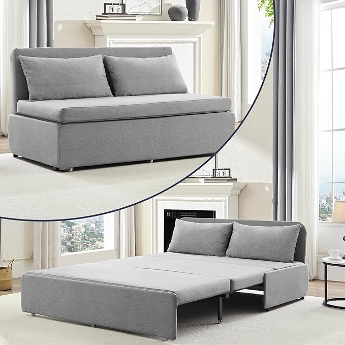 2 in 1 Pull Out Sofa Bed Queen Size Small Convertible Sleeper Sofa Couch Linen Folding Guest Bed with Wheels and Cushions Pillow Futon Sofas Couch Beds for Bedroom Office Lounge - Light Grey