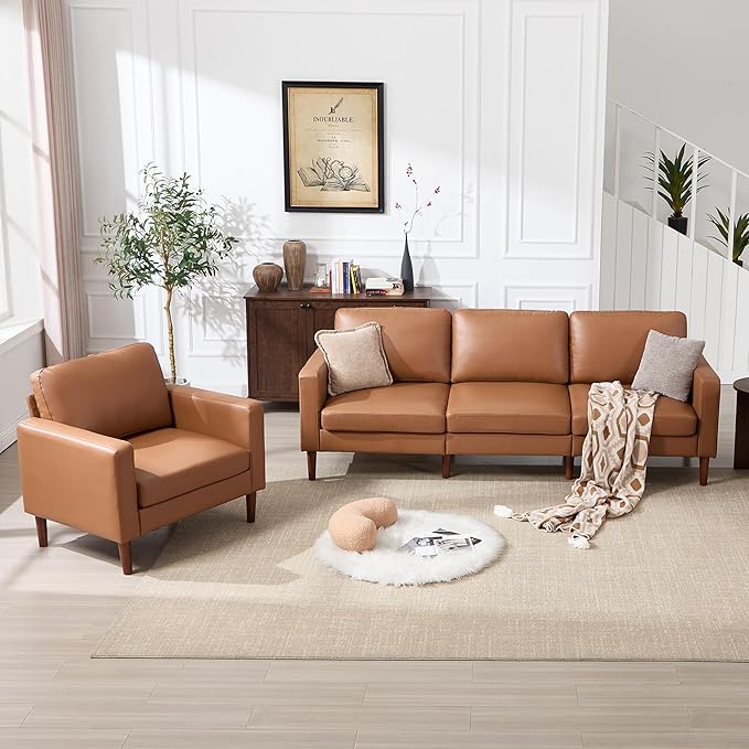 Kingfun 91.7 Faux Leather Sofa with Chair 3 Seater Couch Mid Century Modern Couches with Solid Wood Legs for Living Room &amp Bedroom Coffee