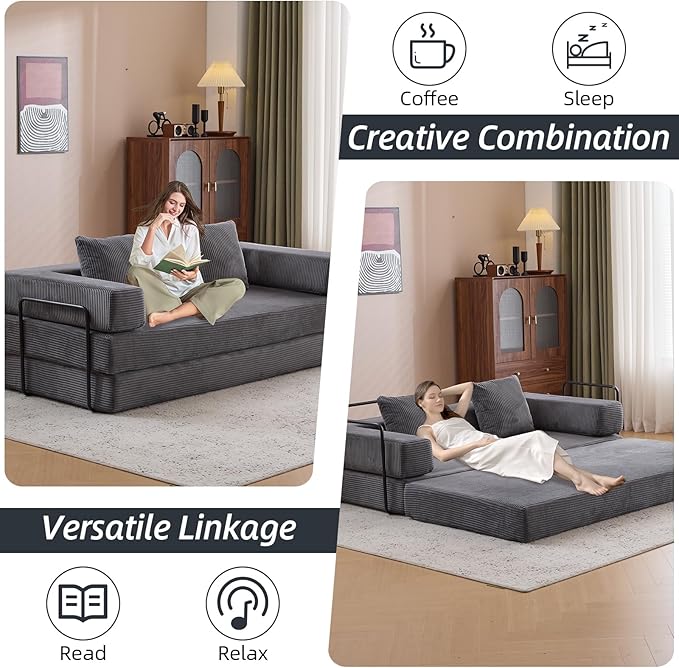 Folding Sofa Bed Convertible Sleeper Corduroy Floor Couch with Pillows Fold Out Couch King Size Bed Futon Couchs Foldable Memory Foam Mattress for Living Room Bedroom Playroom (Dark Grey)