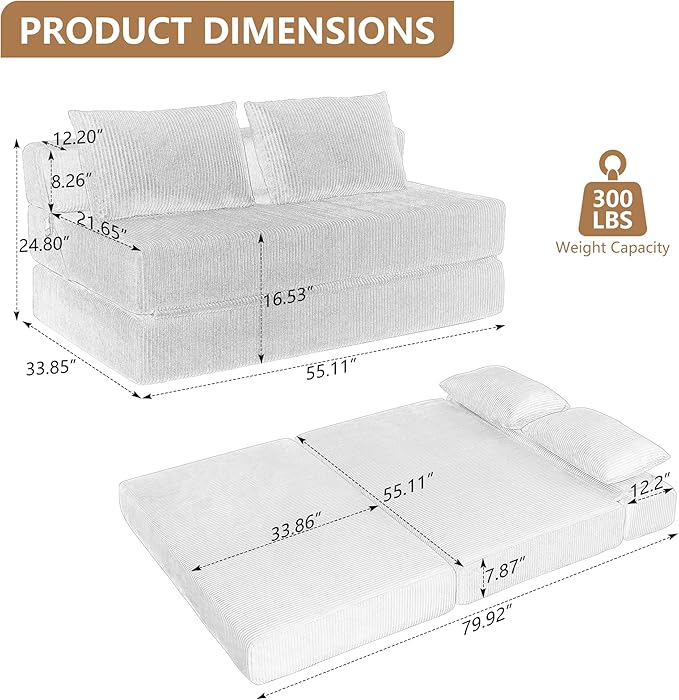 KIVENJAJA Folding Sofa Bed Full Size 3-in-1 Convertible Sleeper Sofa Corduroy Foldable Boneless Floor Futon Couch with Backrest &amp Pillows for Home Living Room Office Apartment Small Spaces Grey