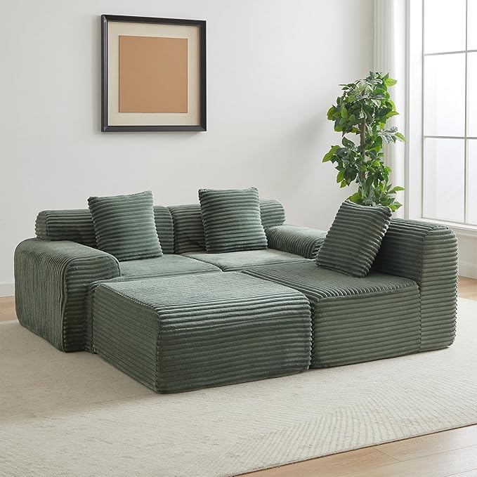 114-inch Oversized Modular Sectional Sofa Fluffy Boneless Compressed Memory Foam Corduroy Couch Comfy Modern L Shaped Couches with Ottoman &amp Pillows for Living Room Apartment Bedroom Green