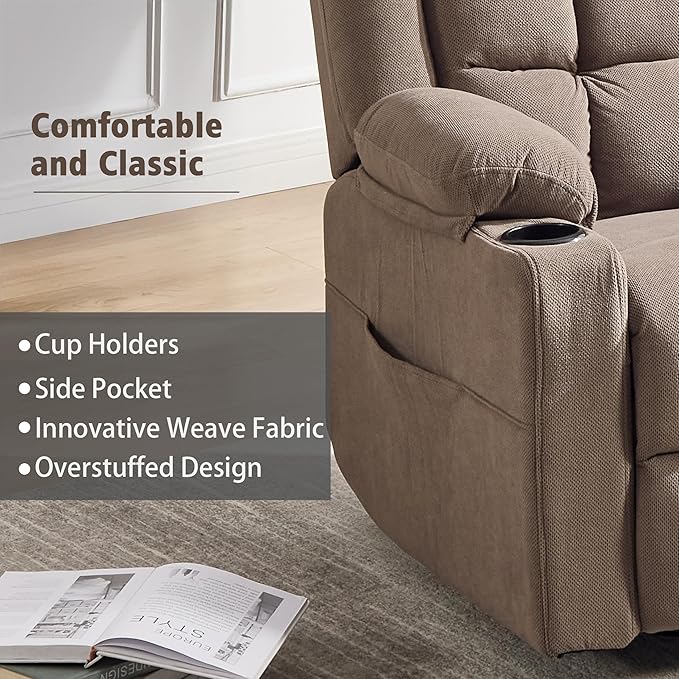 Swivel Rocker Recliner Chair for Adults with Massage and Heat Cup Holders and Side Pockets Glider Rocking Reclining Single Sofa Chair for Living Room (Coffee)