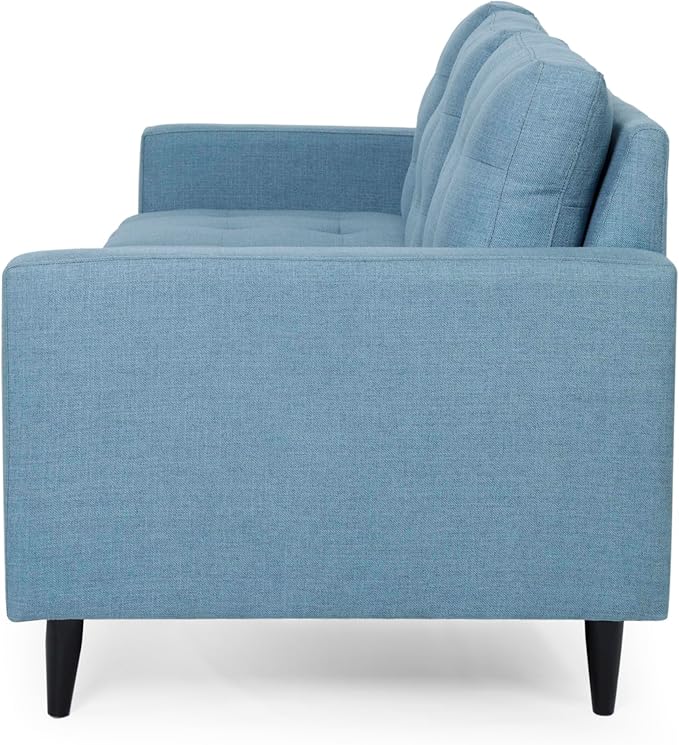 Christopher Knight Home Jenby Modern 3-Seater Sofa Tufted Waffle Stitch Fabric Couch with Rubberwood Tapered Legs Modern Living Room Sofa Couch for Family &amp Guests Blue