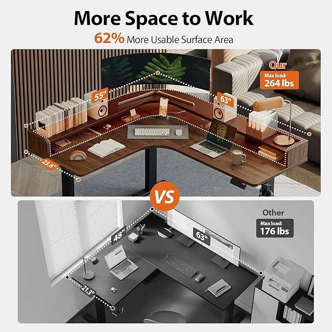 Agilestic L Shaped Standing Desk Corner Desk with Monitor Shelf Adjustable Height Gaming Table Sit Stand Up Table 63 x 55 Inch Home Office Computer Workstation Splice Board Dark Walnut