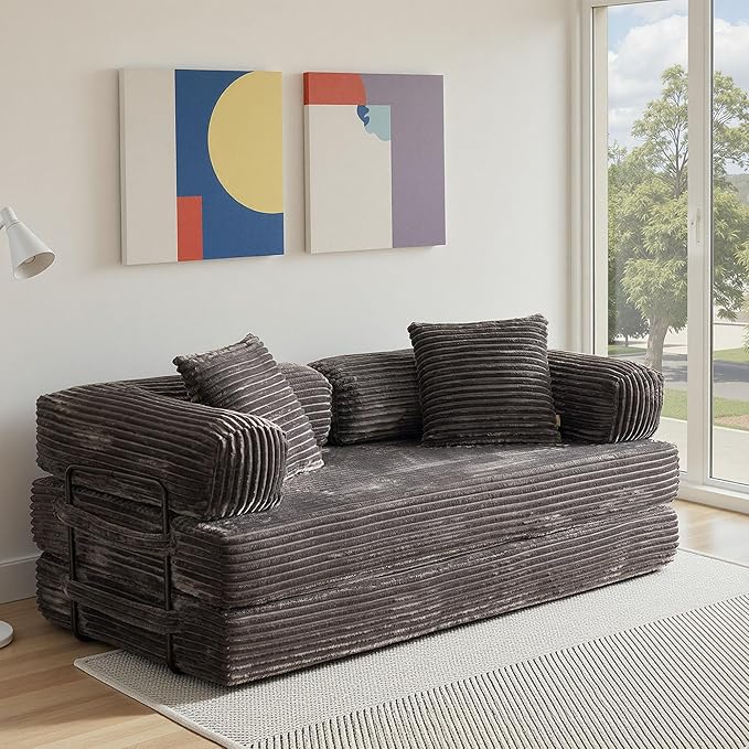 4-in-1 Folding Convertible Sleeper Sofa Bed81 Plush Corduroy Boneless Couch Pull Out BedsLoveseat Floor Futon for Small Spaces Living Room Bedroom ApartmentGrey