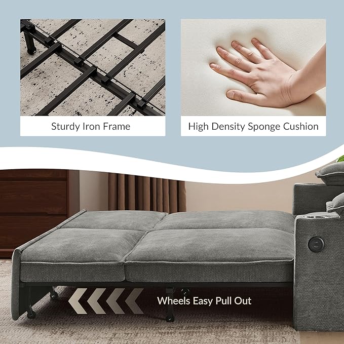 82.7’’ King Size Light Grey Pull Out Sofa Bed 3 in 1 Convertible Sleeper Sofa Bed with Futon Sofa  Chenille Loveseat Couch Bed with USB and Storage Pockets for Living RoomBedroom Pet-Friendly | Pu