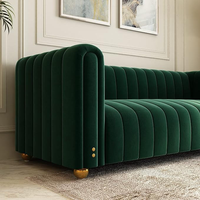 Emerald Green Velvet Couch 80 Inch Wide Mid-Century Modern Tufted Upholstered Sofa with Golden Leg 3 Seat Big Comfy Couch for Living Room
