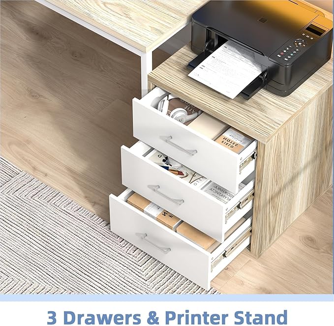 67'' Home Office Desk with Drawers Computer Desk with Drawers and LED Lights Long Desk with Moniter Stand White and Walnut