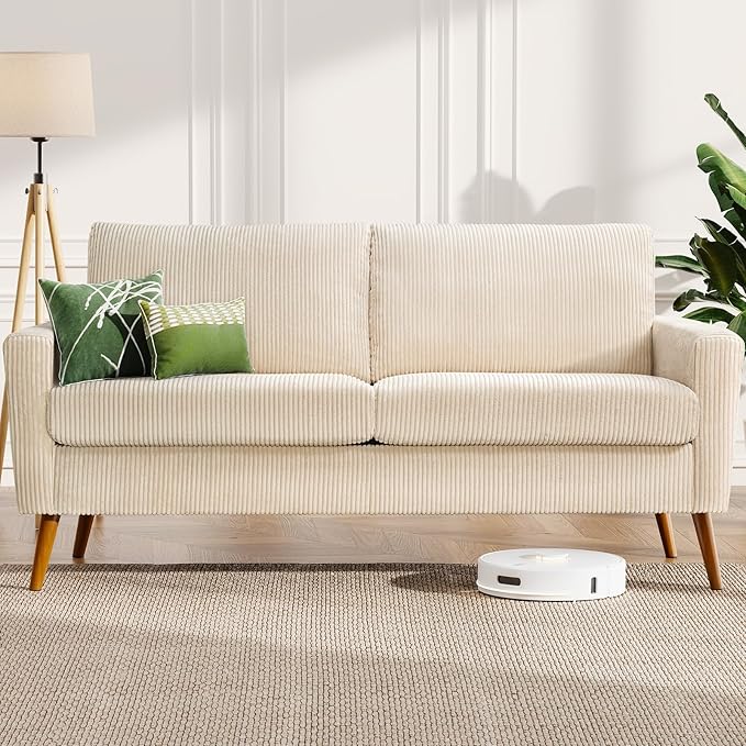 WEUP 68 Loveseat Sofa Beige Corduroy Couch Mid Century Modern Love Seat Couches for Living Room Small Loveseat for Bedroom Office Comfy Sofa with Spring Cushion Solid Wood Tool-Free Assembly