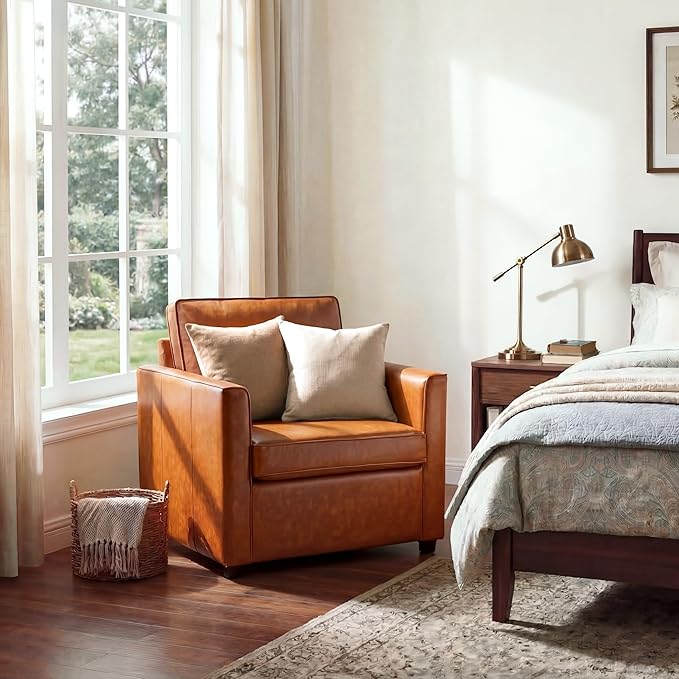 Faux Leather Armchair for Living Room Mid-Century Accent Chair with Deep Seat Cushion Upholstered Comfy Reading Chair Single Sofa Chair for Bedroom Apartment Office Caramel