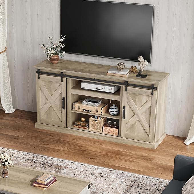 WLIVE Farmhouse TV Stand for TVs up to 65 Modern Media TV Console with Sliding X-Shaped Barn Doors Entertainment Center with Storage Cabinets for Living Room Grey Oak