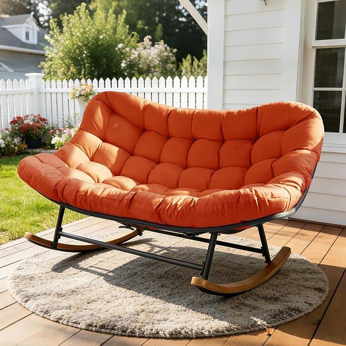 Double Papasan Rocking Chair Outdoor &amp Indoor Oversized Rocking Reclining Loveseat with Thick Cushion and Frame 660LBS Capacity Rocking Egg Chair for Porch Garden Living Room (Red)