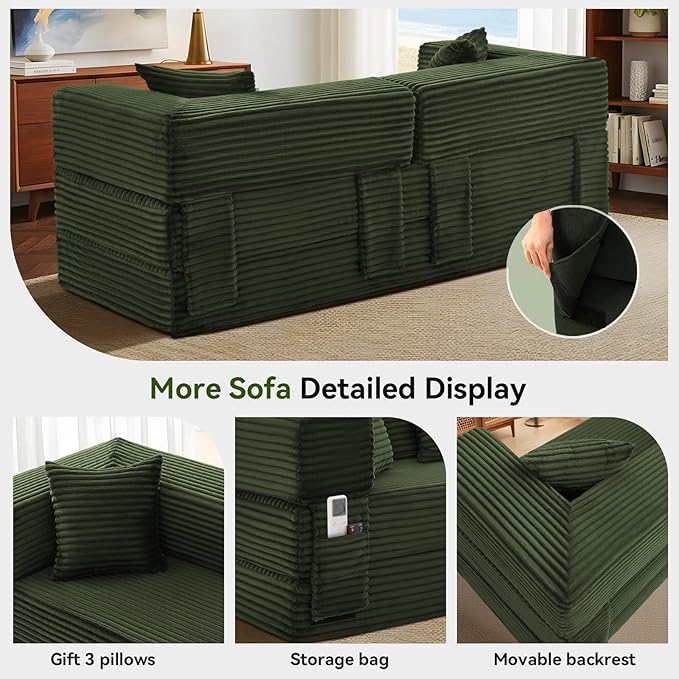 5-in-1 Folding Convertible Sofa Bed 78 Inch Corduroy Boneless Couch Loveseat Sleeper with Pull Out Bed Floor Sofa Modular Futon Couch for Living Room Small Place No AssemblyLight Green