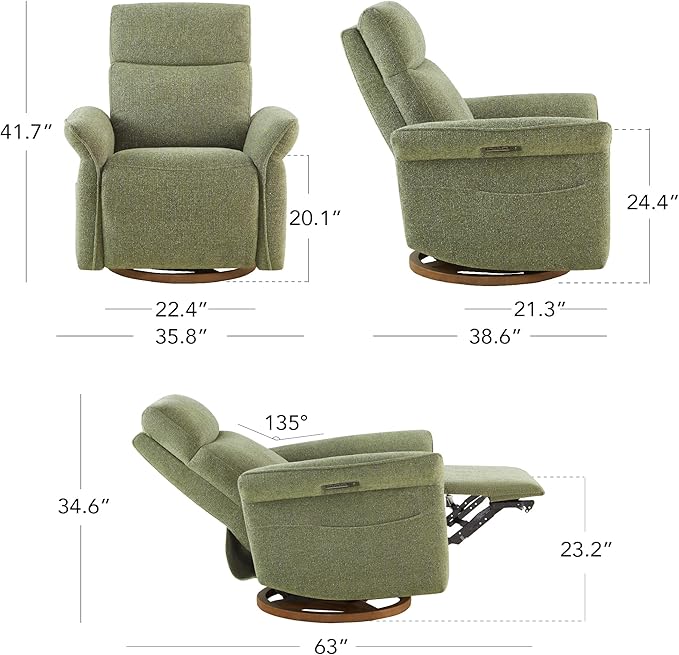 CHITA Power Recliner Chair Electric Triple-Motor Swivel Glider Nursery Rocking Chair with Adjustable Power Headrest and Lumbar Support GREENGARD Gold Certified Solid Wood Base Forest Green