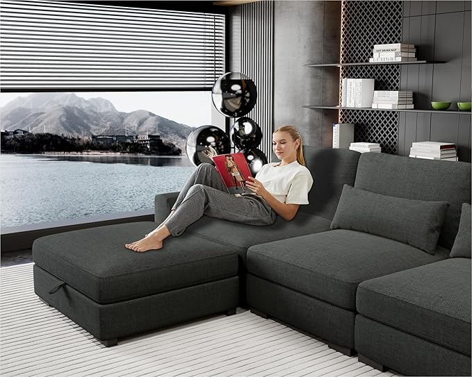 130Sectional Couches for Living Room - Large Modular 5 Seat Sectional Couch-Velvet Linen with Storage Deep Seat Sofa-Convertible Sofa for Large Living Rooms-with ChaiseWashable Covers-Dark Gray