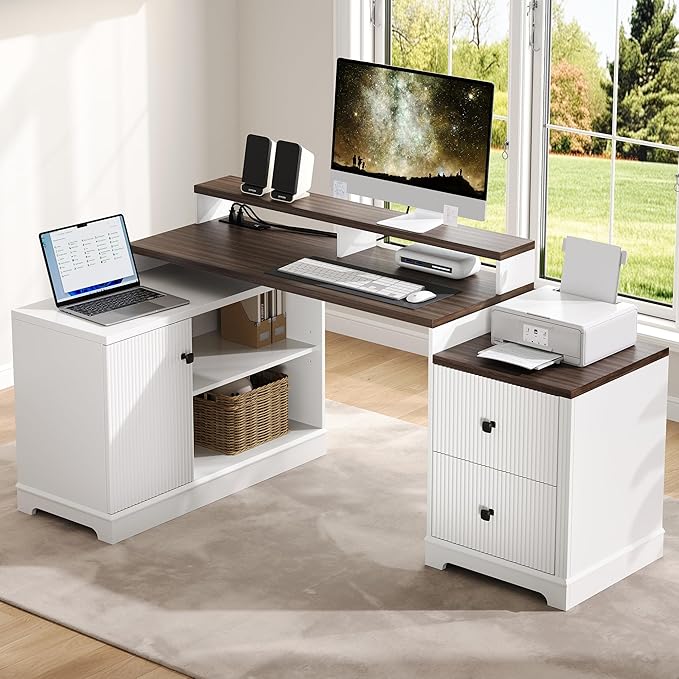 67 L Shaped Executive Desk with Drawers &amp Storage Shelf Corner Computer Desk with Power Outlets Home Office Desk with Monitor Stand Printer Shelf Computer Writing Desk for Work Antique White