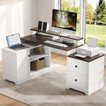 67 L Shaped Executive Desk with Drawers &amp Storage Shelf Corner Computer Desk with Power Outlets Home Office Desk with Monitor Stand Printer Shelf Computer Writing Desk for Work Antique White