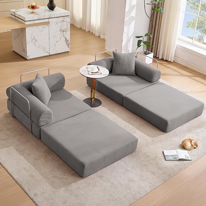 73 Convertible Modular Folding Sofa Bed 5-in-1 DIY Combination Fold Out Sleeper Sofa Bed Loveseat sleeper Couch with Removable Armrests Corduroy Floor Couch Small couches for small spaces Gray
