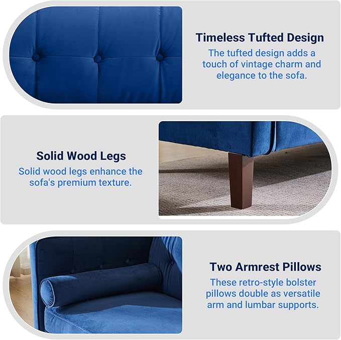 Kingfun 78 Couch for Living Room Mid Century Modern Sofa Velvet Loveseats with Bolster Pillows Home Sofa for Bedroom Blue