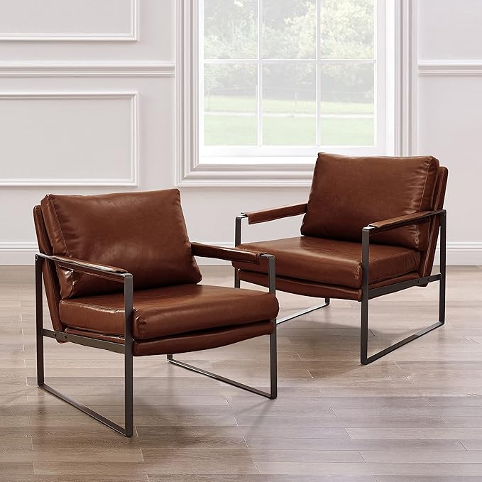 Zouron PU Leather Accent Chair for Bedroom Living Room Chairs Modern Contemporary Upholstered Armchair with Metal Frame for Living Room Office Reception Area Set of 2 Red Brown