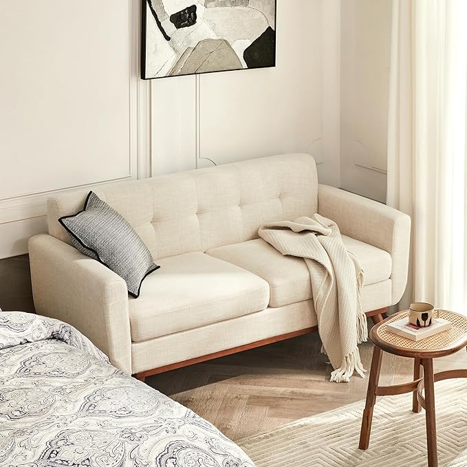 Kingfun Loveseat and Sofa Sets Mid Century Modern Linen Love Seat Couches for Living Room Button Tufted Upholstered Furniture Easy to Install Small Couch for Bedroom Office Apartment Beige