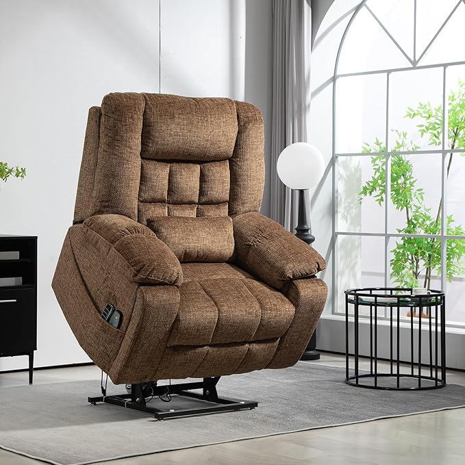 4 Motor Power Lift Recliner Chair for Elderly Oversized Lay Flat Recliner with Massage Heat Adjustable Headrest Hidden Cup Holders Zero Gravity Big and Tall Recliners Caramel