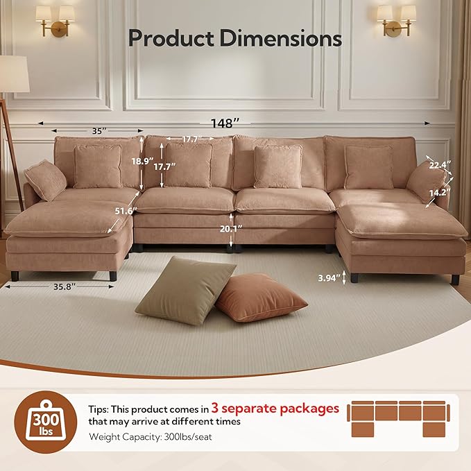 148 U-Shaped Modular Sectional Couch Modern Cloud Couch with Ottoman 6-Seat Chenille Sofa with Pillows Deep Seat Comfy Couch for Living Room Bedroom Khaki
