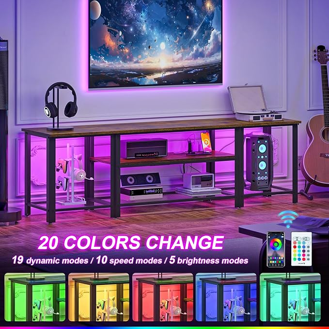 WelFurGeer Industrial Metal TV Stands with RGB LED Lights &amp Built-in Power Outlets - Modern TV Entertainment Center for Living Room Open Grid Design TV Console with Storage (Brown)