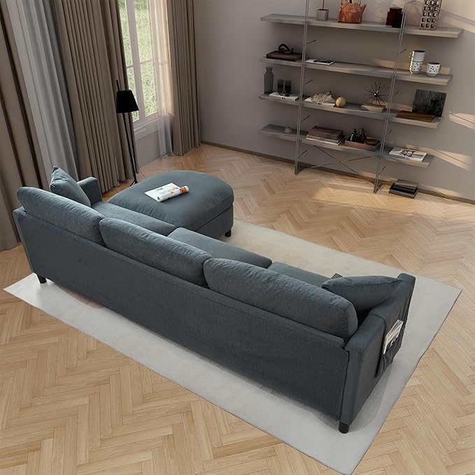 kevinplus 107.87'' Sectional Sofa Couch with Curved Convertible Ottoman for Living Room Modern 3-Seat L-Shaped Upholstered Sectional Couch Sofa for Apartment Polyester Fabric Gray