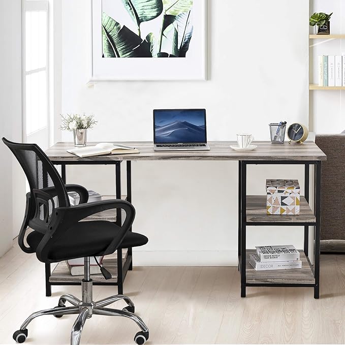 59 Inches Computer Desk Trestle Desk with Both Side 2-Tier Shelves Modern Simple Style Study Work Game Desk Workstation Home Office Table Rustic Wood Desk