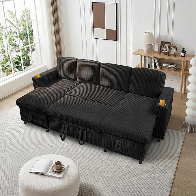 Modular Sectional Sleeper Sofa with Pull Out Bed Plush Corduroy U Shaped Couch with Storage Chaise USB Ports Cup Holders Comfy Cloud Couches for Living Room Black