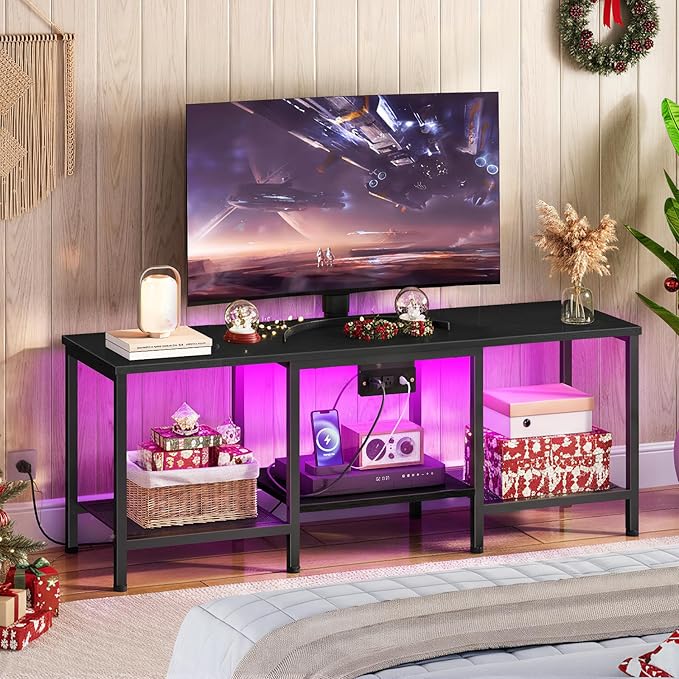 HOOBRO TV Stand with Charging Station to 55 Inches LED Entertainment Center Media TV Console Table with Open Storage Shelving for Living Room Bedroom Black BB122UDDS01