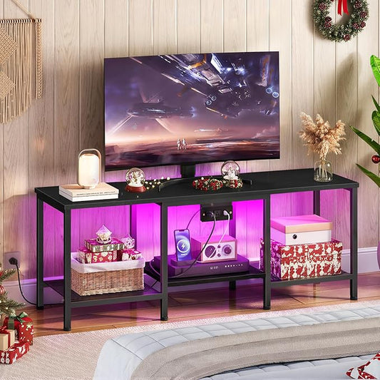 HOOBRO TV Stand with Charging Station to 55 Inches LED Entertainment Center Media TV Console Table with Open Storage Shelving for Living Room Bedroom Black BB122UDDS01