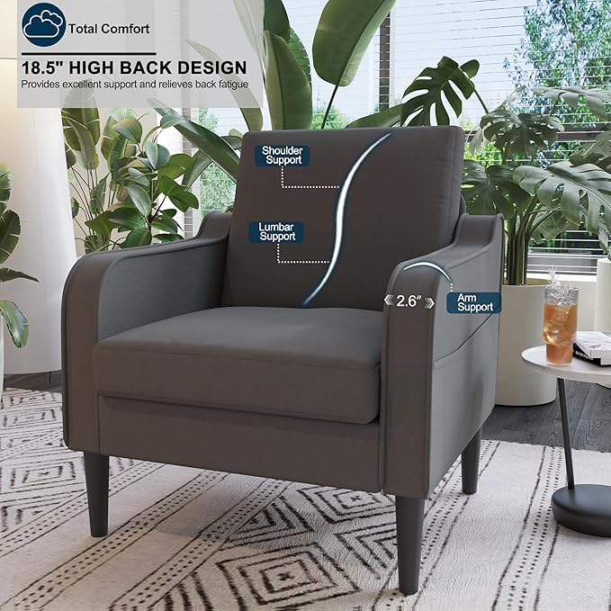 Grey Accent Chair Set of 2 - Upholstered Armchair with Side Pockets Comfy Living Room Arm Chair Reading Accent Chairs for Bedroom Living Room Apartment Office