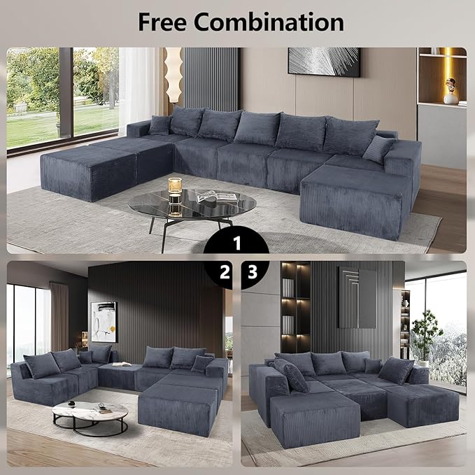 155 Oversized Cloud Boneless Couches for Living Room U-Shaped Modular Sectional Sofa with Deep Seat 8 Seater Boneless Couch with Ottoman &amp Pillows Corduroy DIY Combination Modular Couch Grey