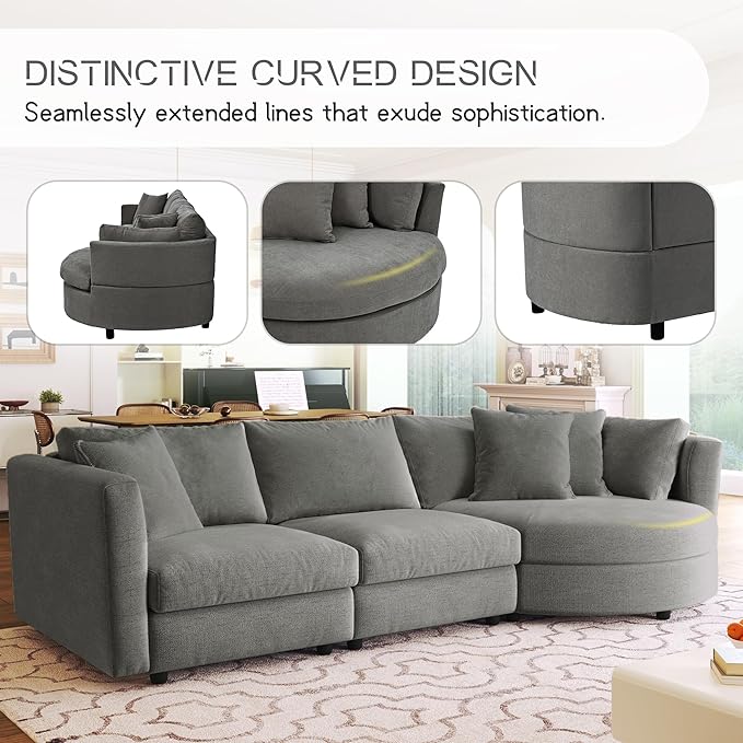 ERYE L-Shaped Right Facing Sectional Sofa Oversized Chenille Upholstered Corner Couch W/Curved Chaise Seat and 3 Toss Pillows Modern L-Shaped Sofa Couches for Living Room