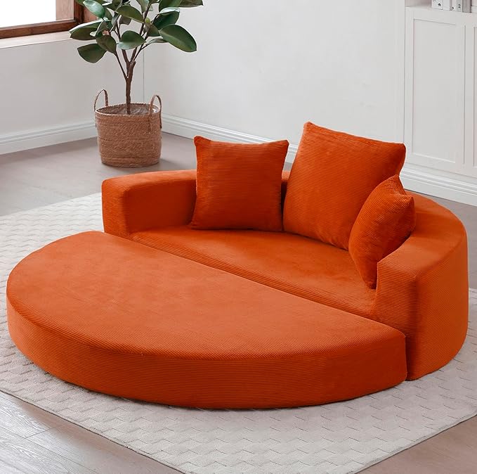 Orange Boneless Loveseat Couch - 67 Circular Convertible Sofa Bed No Assembly Corduroy Folding Floor Futon with Pillows for Small Spaces (Orange)