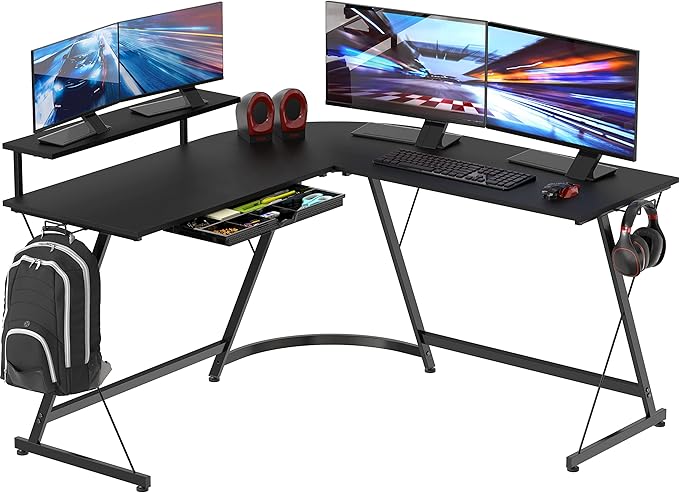SHW 51 x 51 Inches Vista L-Shaped Desk with Monitor Stand and Drawer Black
