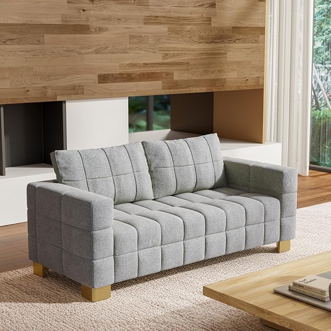 81.89 Sofa Comfy 3 Seat Sofa Tufted Chenille Upholstered Sofa Couch for Living Room with Gold Metal Legs and 2 Throw Pillows (Grey（3+3）)